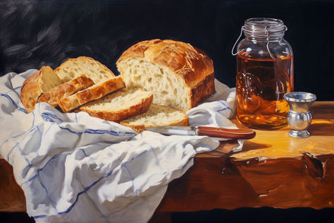 This stunning digital download print features a beautiful still-life painting of a loaf of bread and a jar of honey. The vibrant colors and intricate brushwork capture the essence of the bread and honey in stunning detail, making it the perfect addition to any kitchen or dining room. Still Life Kitchen, Bread Painting, Wheat Bread Paint, Painted Loaf Of Bread, Bread Still Life Photography, Sink Oil Painting, Bread Still Life Painting, Food Art Painting, Life Kitchen