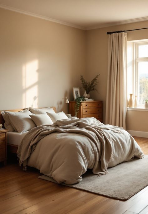 Beige Bedroom Ideas Beige Bedspread Ideas, Oatmeal Colored Bedroom, Dark Beige Bedroom, Tan Headboard Bedroom, Bedroom With Beige Walls, Warm Toned Bedroom, Warm Beige Bedroom, Light Brown Bedrooms, Tan Headboard