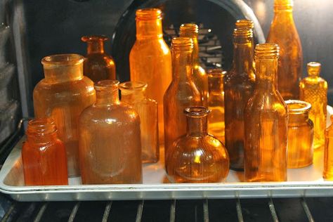 Painting Bottles Amber | Miss Kopy Kat Faux Amber Glass Diy, Diy Amber Glass Bottles, Spray Painting Glass, Tinted Mason Jars, Martha Stewart Paint, Glass Spray Paint, Best Spray Paint, Amber Glassware, Amber Bottles