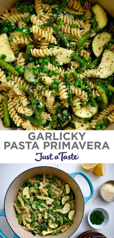 Garlicky Pasta Primavera stars fresh veggies plus your pasta of choice tossed in a light, lemony sauce. Keep it as is or add in your favorite protein for a family-friendly dinner recipe! #justatasterecipes Pasta Primavera Sauce, Spaghetti Primavera, Primavera Recipe, Noodle Dinner, Pasta Primavera Recipe, Spring Recipes Dinner, Asparagus Seasoning, Spring Recipe, Pasta Primavera