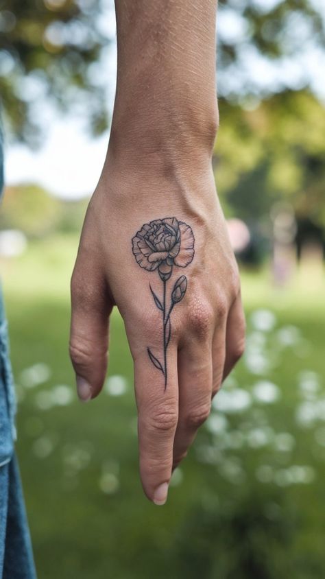 Get a tattoo that's both delicate and dainty with this small carnation finger tattoo. A perfect design for those who want a subtle yet beautiful tattoo. #FingerTattoo #SmallTattoo #CarnationTattoo #DaintyTattoo Carnation Finger Tattoo, January Birth Flower Tattoo, Birth Flower Tattoo Ideas, Carnation Tattoo, January Birth Flower, Iris Tattoo, January Birth Flowers, Ribcage Tattoo, Flower Wrist Tattoos