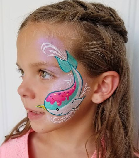 Acacia Clair Tanner on Instagram: “This adorable icecream narwhale tops the meter on cuteness !!! We out to dinner as a family for our family reunion and when we got there…” Ice Cream Face Painting, Narwhal Face Paint, Mermaid Facepainting Kids Easy, Wave Face Paint, Stingray Face Paint, Face Painting Sea Theme, Cream Face, Ice Cream Birthday, Narwhal