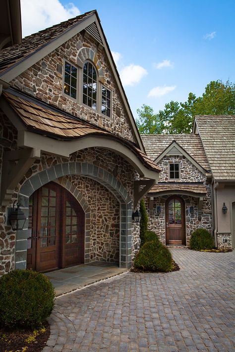 INTERIORS & EXTERIORS | reddoordesignstudio Old World Exterior Homes, Cobblestone Building, Stone Exterior Home, Cobblestone Courtyard, Cedar Shake Roof, Cedar Shake, Shake Roof, Lake Keowee, Storybook Homes