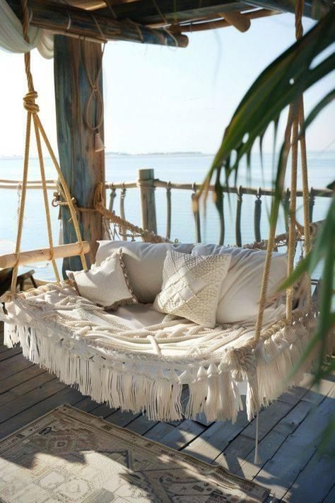 Hammock Ideas Backyard, Beachy Backyard, Small Beach House, Hammock Ideas, Hanging Daybed, Small Beach Houses, Beach Inspired Decor, Backyard Hammock, Ocean Hues