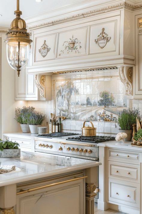 Country French Interiors, Kitchen Cabinet Hacks, French Kitchen Ideas, French Chateau Kitchen, French Countryside Kitchen, Cabinet Hacks, Hacienda Kitchen, Tuscan Kitchen Design, French Style Kitchen