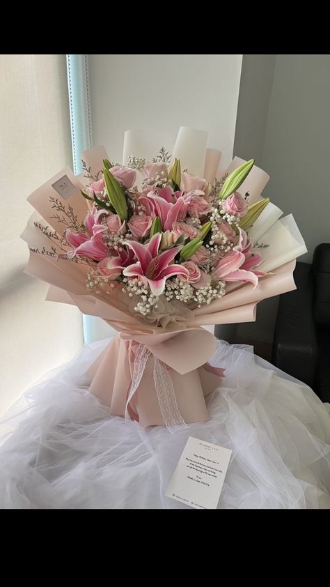 Pink And White Lily Bouquet, Pink Lilies Bouquet Aesthetic, Flower Bouquet Lily And Roses, Lillies Bouquet Pink, Pink Roses And White Lilies Bouquet, Lillie’s Bouquet, Assorted Flower Bouquet, Classy Flower Bouquet, Bouquet Of Flowers Lilies