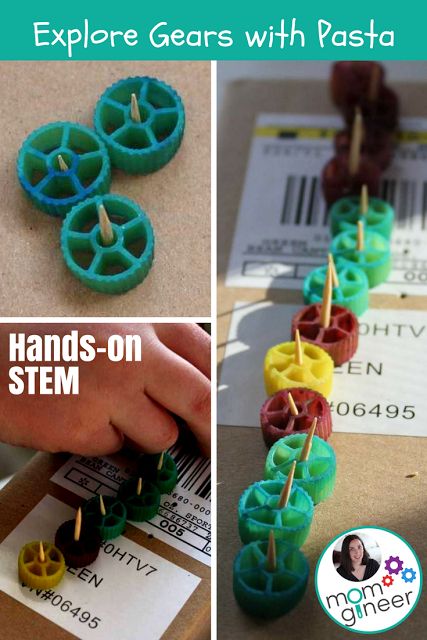 Wagon Wheel Pasta Gear Train - Hands on STEM activity for Kids | Meredith Anderson - Momgineer Wagon Wheel Pasta, Simple Machines Unit, Simple Machines Activities, Simple Machine Projects, Pulleys And Gears, Train Wagon, Stem Activity For Kids, Gear Train, Steam Ideas