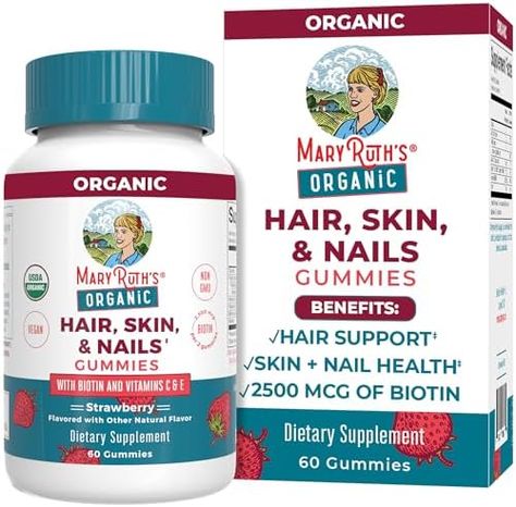 MaryRuth's Hair | Skin | and Nails Vitamins | Biotin Gummies with Vitamin C & Vitamin E | Hair Growth Vitamins | Skin Care | Nail Strength | USDA Organic Gummies for Ages 14+ | 60 Count Hair Skin And Nails Vitamins, Hair Skin Nails Gummies, Vitamin E Hair, Nail Vitamins, Vegan Gummies, Hair Skin And Nails, Hair Regrowth Treatments, Vitamins For Hair Growth, C Vitamin