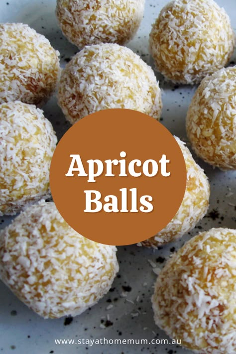 Apricot Balls | Stay at Home Mum Apricot Balls Condensed Milk, Cherry Ripe Recipes, Apricot Cobbler Recipes, Apricot Bars Recipe, Coconut Sweet Recipes, Kit Kat Cheesecake, Apricot Balls, Apricot Cobbler, Brownies Coconut