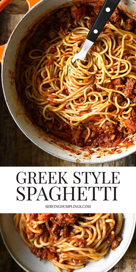 Greek Style Spaghetti, Greek Pasta Recipes, Greek Spaghetti Recipe, Mediterranean Spaghetti, Serving Dumplings, Greek Spaghetti, Greek Recipes Authentic, Cultural Food, Spaghetti Bolognese