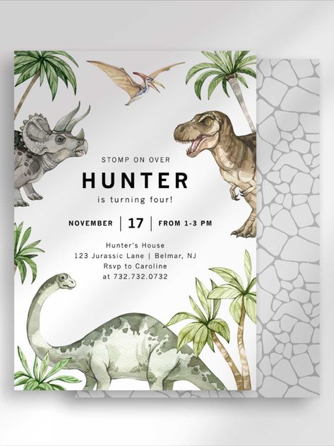 Get ready for a roaring good time! Featuring beautiful hand-painted dinosaurs and lush greenery, this invite brings the perfect pre-historic vibe to your Jurassic era birthday party! Personalize all text to invite your guests for a dino-mite good time. #JurassicBirthday #DinosaurBirthday #StomponOver #WatercolorDinosaur #DinosaurInvitation Era Birthday Party, Dinosaur Invite, Dinosaur Invitation, Dinosaur Invitations, Dinosaur Birthday Invitations, Printable Invitation Templates, Dino Birthday, Birthday Invitation Template, Theme Birthday