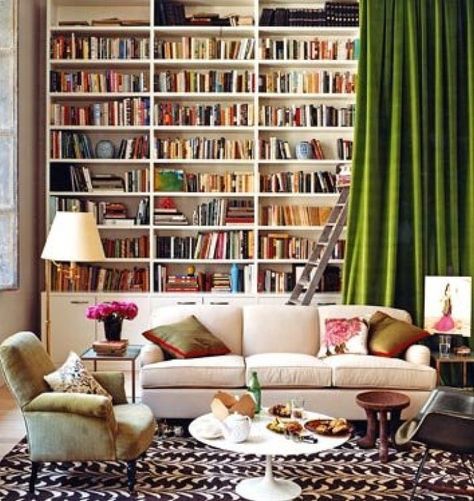 At Home Library, Home Library Design Ideas, Home Library Decor, Home Library Design, Mini Bars, Green Curtains, Maximalist Decor, Home Libraries, Bookshelf Decor