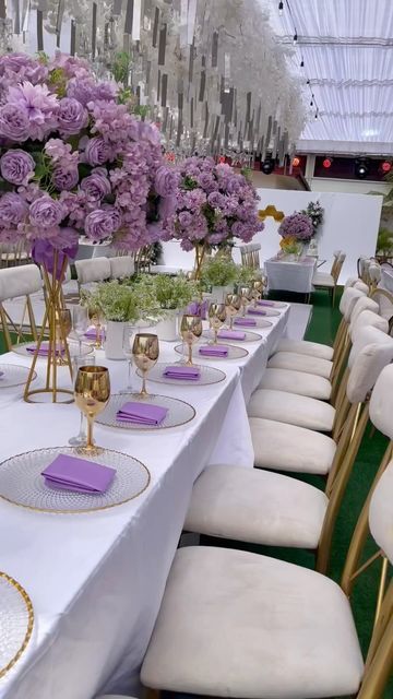 Lavender Decor Wedding, Purple Wedding Reception Dress, Purple And Lilac Wedding Decor, Wedding Ideas Lilac Decor, Elegant Lilac Wedding Decor, Purple And Lilac Party Decor, Purple Engagement Decor, Lilac Event Decor, Lilac Themed Wedding Table Settings