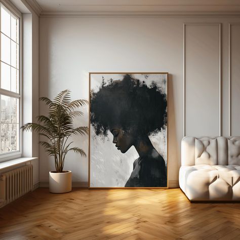 Large Black Art, Brown Salon Decor Interior Design, Black Art Home Decor, Afro Modern Decor Living Room, High End Wall Art, Dark Eclectic Living Room, Afro Chic Home Decor, Black And Brown Decor, Black Modern Interior