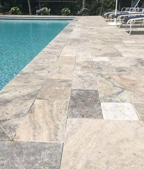 Silver Latte Travertine Pavers around gorgeous pool #pool #poolinspiration #dreampool Travertine Pool Decking, Pool Paving, Silver Travertine, Pool Inspiration, Pool Pavers, Patio Remodel, Travertine Pavers, Travertine Pool, Outdoor Pool Area