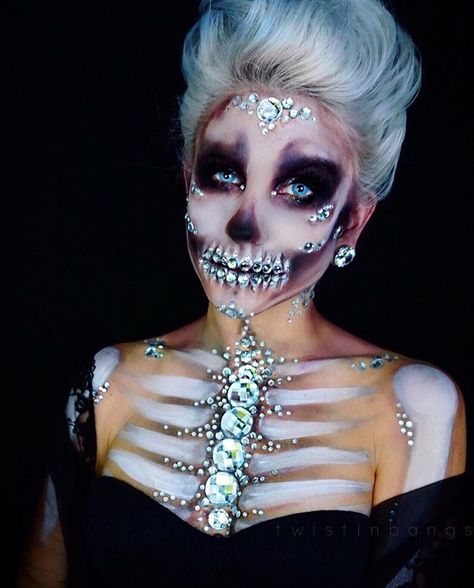 ✨CRYSTAL SKELETON✨ my crystal skull makeup from yesterday! i kept seeing @the_wigs_and_makeup_manager's beautiful creations & wanted to make a pretty bejeweled skull too!  literally no photo of this makeup did it justice so picking one photo was difficult, ill be posting more views at some point! ✨ADD ME ON SNAP - "coriewillet" - theres a lot of random photos of my dog and martinis but when i paint, i post lots of progress shots;) PRODUCTS  @nyxcosmetics sfx creme white bodypaint  @h... Mermaid Shoot, Crystal Skeleton, Fantasy Make-up, Halloween Makeup Diy, Skeleton Makeup, Special Fx Makeup, Sugar Skull Makeup, Skull Makeup, Special Effects Makeup