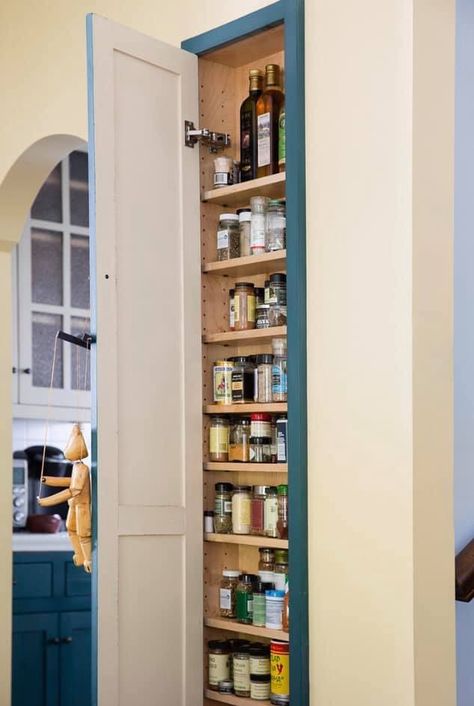 Spice closet between studs 😍 Stud Shelves Kitchen, Cabinets Between Studs, Cabinet In Between Studs, Pantry Between The Studs, Closet Between Studs, Pantry Between Studs, Spice Closet, Between The Studs Spice Rack, Spice Shelf Door