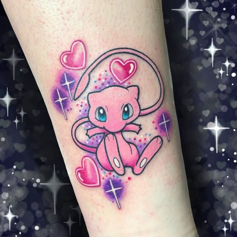 Mew!! Mew Tattoo, Pokemon Sleeves, Kawaii Tattoos, Pokemon Tattoos, Mew And Mewtwo, Pink Tattoo, Pokemon Tattoo, Kawaii Tattoo, Sleeve Tattoo Ideas