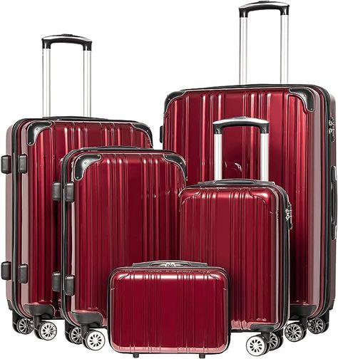 Coolife Luggage Expandable 5 Piece Sets PC+ABS Spinner Suitcase 20 inch 24 inch 28 inch (wine wind new) Red Luggage, Hardside Luggage Sets, Suitcase Sizes, 3 Piece Luggage Set, Hard Shell Luggage, Hardside Luggage, Spinner Suitcase, Suitcase Set, Luggage Sets