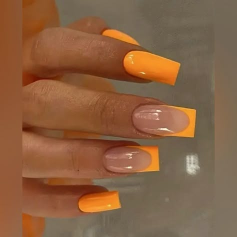 24 Medium Long Orange Square Shaped Press On Nails, Some French Manicure & Solid Orange Designs Burnt Orange Nail Polish Fall, French Nails With Orange Tips, Orange Nail Inspo Short, Orange Short Nail Designs, Solid Color Square Nails, French Orange Nails, Orange Design Nails, French Orange, Orange Square Nails