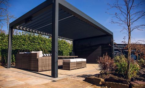 Urban Outdoors PLUS POD pergola grey | Pergola Gallery Grey Pergola, Contemporary Fire Pit, Terrace Patio, Louvered Roof, Outside Fireplace, Steel Pergola, Pergola Canopy, Patio Canopy, Covered Pergola