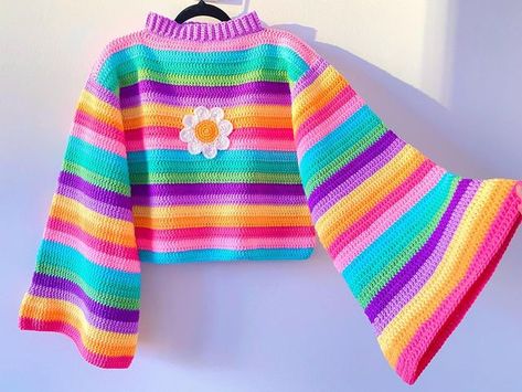 Rainbow Daisy, Main Character Energy, Crochet Jumper, Rainbow Sweater, Rainbow Crochet, Main Character, Crochet Cardigan, Crochet Fashion, Crochet Sweater