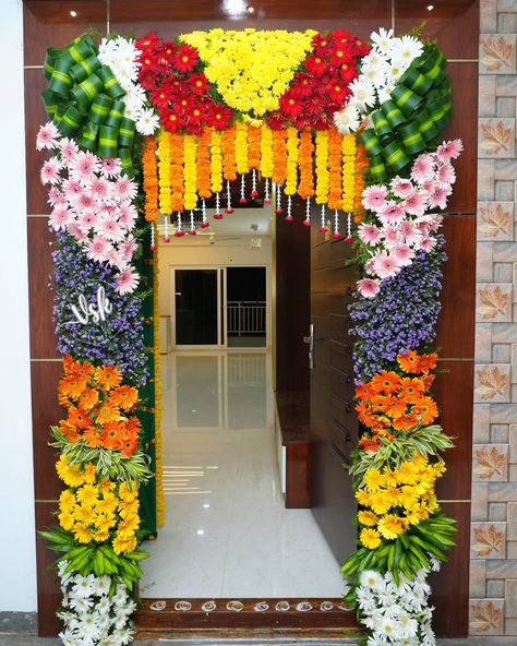 house warming ceremony decoration #housewarmingdecor #homedecor #homedecoration #flowerdecorations #flowerdecoration #eventplanner #doordecor #doordecoration House Warming Ceremony Decoration, Traditional Wedding Mandap, Door Flower Decoration, Decorations Engagement, House Warming Ceremony, Home Floral Arrangements, Wedding Mandap, Engagement Decorations, Haldi Ceremony