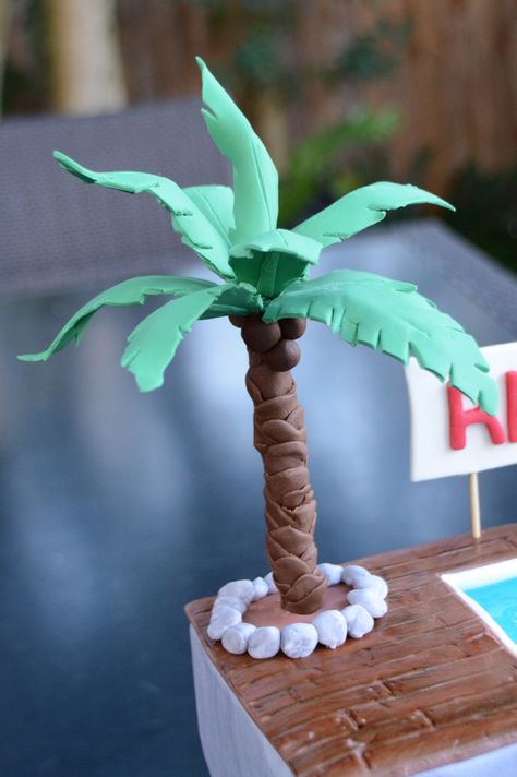 Fondant palm tree Jungle Book Cake, Fondant Tree, Palm Tree Cakes, Beach Birthday Cake, Volcano Cake, Beach Themed Cakes, Fondant Flower Tutorial, Chocolate Sculptures, Jungle Cake