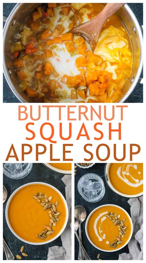 This Butternut Squash Apple Soup is silky smooth and perfectly spiced for the fall season. Reminiscent of Panera's Autumn Squash Soup, but dairy-free and vegan! Great for a cozy weeknight dinner or the starter for your holiday meal. Autumn Squash Soup, Panera Autumn Squash Soup, Squash Apple Soup, Butternut Squash Apple Soup, Autumn Squash, Butternut Squash Sweet, Buttercup Squash, Butternut Squash Apple, Vegan Butternut Squash