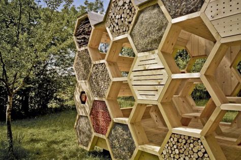 The K-Abeilles Hotel for Bees provides a safe and intriguing space for wild bees to take refuge and also offers up a shady resting spot for humans at the Muttersholtz Archi Festival. Carpenter Bee Trap, Bee Traps, Wooden Pavilion, Wild Bees, Bee Hotel, Bug Hotel, Insect Hotel, Bee House, Bee Garden