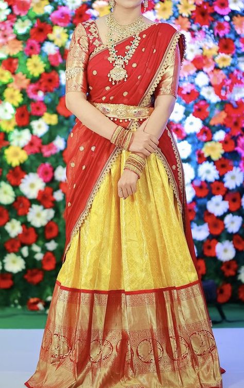 Red And Gold Half Saree, Pattu Langa For Women, Yellow And Red Half Saree, Venkatagiri Pattu Lehanga, Half Sarees Latest Designs Pattu, Pattu Lehenga For Women, Pattu Lehanga Designs Latest For Wedding, Latest Pattu Lehenga Designs, Blouse Designs For Pattu Lehenga