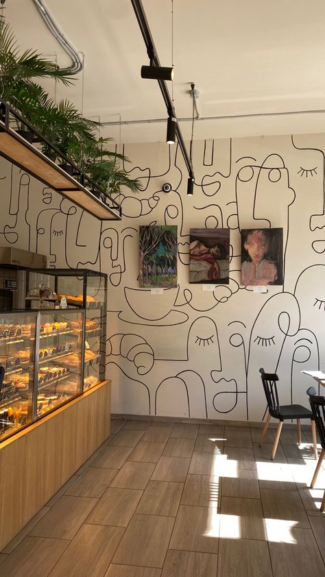 cafe aesthet coffee Cafeteria Mural Ideas, Small Cafes Ideas, Aesthetic Cafe Design Interior, Small Cafe Ideas Interior, Local Cafe Aesthetic, Cafe Interior Wall Design, Aesthetic Cafe Interior Design, Interior Design Cafe Ideas, Cozy Cafe Ideas