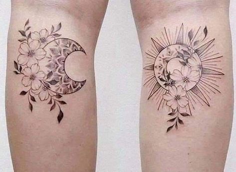 Flower And Sun Tattoo, Flower Sun Tattoo, Tattoo Sonne, Cute Matching Tattoos, Matching Friend Tattoos, Sun And Moon Tattoo, Matching Best Friend Tattoos, Bestie Tattoo, Matching Sister Tattoos