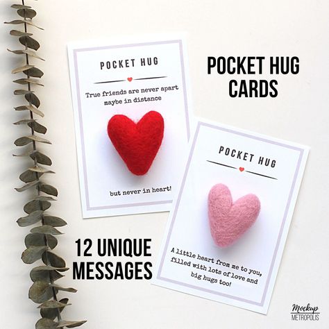 Printable Pocket Hug Cards, Pocket Heart Digital DIY packaging, Miss you friend self care heart messages Positive Crafts, Heart Messages, Miss You Friend, Diy Packaging, Pocket Heart, Easy Valentine Crafts, Hug Quotes, Pocket Hug, Heart Pocket