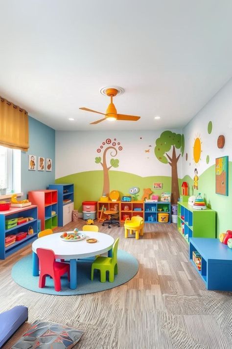 Playroom Ceiling Decor, Daycare Design Ideas Classroom Decor, Colorful Daycare Classroom, Kids Daycare Design, Daycare Colors Schemes, Indoor Playground Design Playrooms, Colorful Playroom Walls, Colorful Kids Playroom, Home Childcare Room Ideas