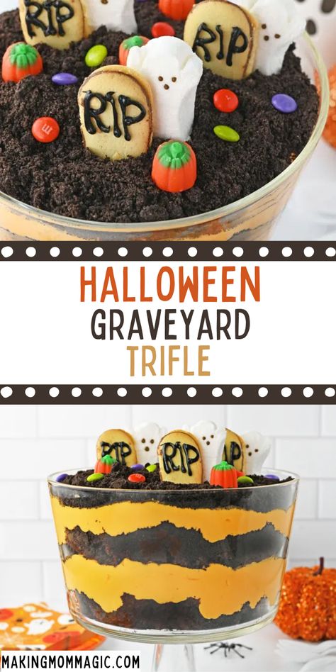 Halloween Dirt Cake Trifle, Halloween Oreo Dirt Cake, Halloween Trifles, Halloween Trifle Ideas, Halloween Trifle Desserts, Colored Cheesecake, Oreo Cookies Decorated, Halloween Dirt Cake, Halloween Dirt Pudding