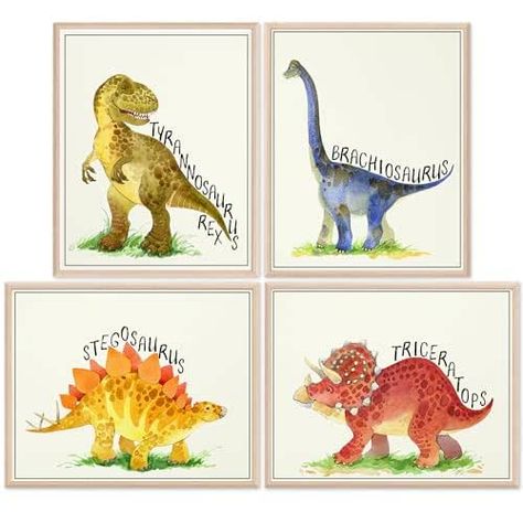 Dinosaur Watercolor Art Prints (Set of 4) - Unframed - 8x10s | Set includes Tyrannosaurus Rex (T-Rex), Triceratops, Stegosaurus, and Brachiosaurus | Kids Wall Decor Dinosaur Watercolor, Learning French For Kids, Dinosaur Room Decor, Dinosaur Room, Dinosaur Illustration, Learning French, Kitchen Clothes, Dinosaur Wall, Kids Wall Decor