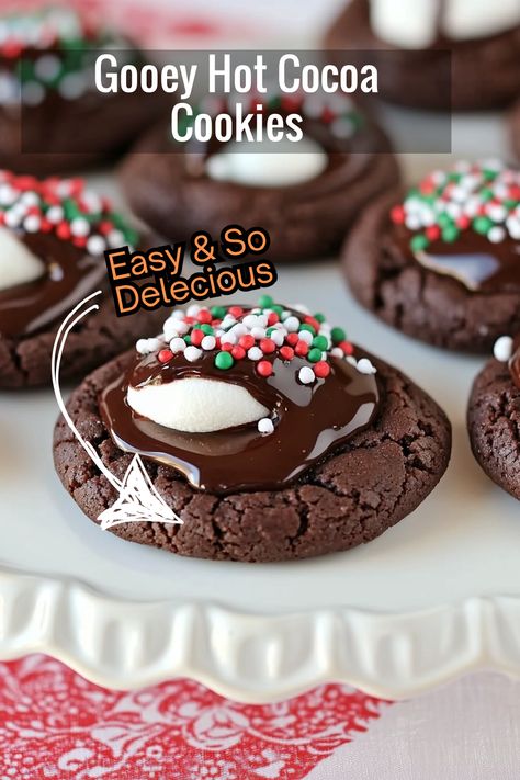 Love gooey cookies? These hot cocoa cookies are soft, loaded with chocolate, and topped with melty marshmallows and sprinkles – a holiday must-have! Hot Cocoa Cookies Recipe, Cocoa Cookies Recipe, Hot Cocoa Cookies, Gooey Cookies, Cocoa Cookies, Easy Cookies, Cookies Recipe, Marshmallows, Hot Cocoa