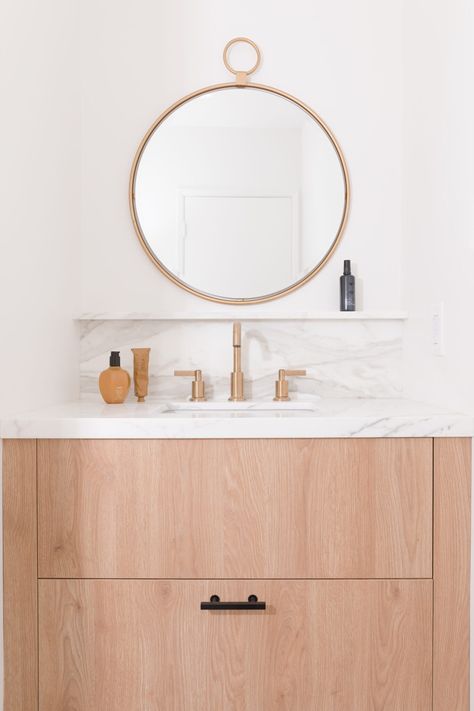 9 Wood Bathroom Vanities to Warm Up Your Space - SemiStories Backsplash Ledge, Marble Vanity Backsplash, Cool Vanity, Geometric Tile Floor, Wood Double Vanity, Black Subway Tiles, Vanity Backsplash, Classic Cabinets, Custom Backsplash