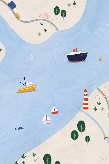 Mooie A4 en A3 poster van een geillustreerde zee met kleine bootjes en zeedieren! Leuk voor op de kinderkamer voor kindjes die van boten en zee houden :) Kids Poster Design, Under The Sea Illustration, Illustration Colored Pencil, Kids Room Illustration, Kids Illustration Art, Cute Maps, Kid Background, Seaside Illustration, Kids Room Painting