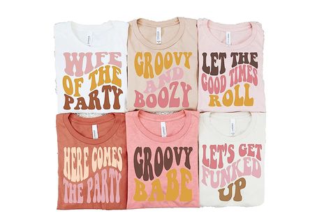 Bridesmaids Shirts, Wife Of The Party, Retro Bachelorette, Bachelorette Planning, Themed Shirts, Text Tee, Bridesmaid Shirts, Wedding Party Gift, Bridal Party Shirts