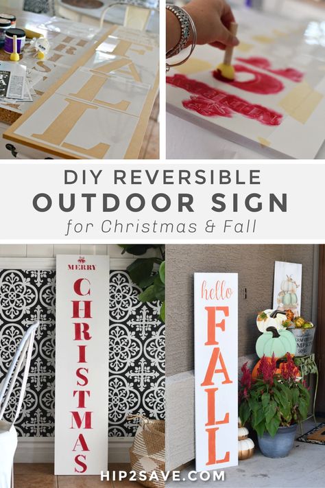 DIY Reversable Fall and Christmas Porch Sign - Easy to Make | Hip2Save Christmas Porch Signs, Fall And Christmas, Using Stencils, Christmas Stencils, Christmas Crafts For Gifts, Holiday Signs, Porch Sign, Craft Night, Christmas Porch