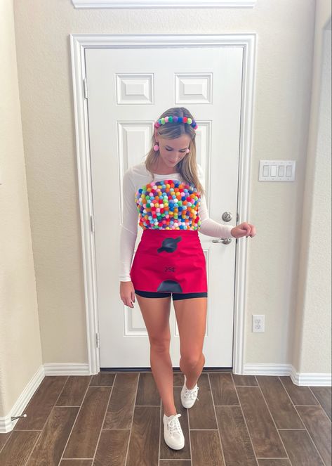 Diy Gum Ball Machine Costume, Diy Bubblegum Machine Costume, Halloween Costumes Gumball Machine, Gum Ball Machine Halloween Costume, Candy Costume Women Diy, Gimbal Machine Costume, Diy Gumball Machine Costume, Bubblegum Halloween Costume, Gym Costume Halloween