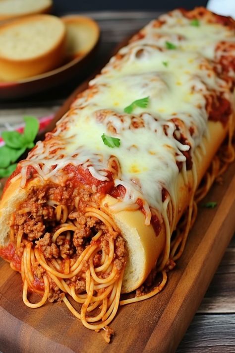 Spaghetti-Filled Garlic Bread - An Organized Chaos Spaghetti Boats, Sausage Meat Sauce, Spaghetti Stuffed Garlic Bread, Cheesy Baked Asparagus, Spaghetti Bread, Cheesy Baked Spaghetti, Stuffed Garlic Bread, Cherry Pie Bars, Chicken Potato Bake