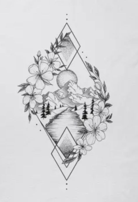 Beach And Mountain Tattoo Sleeve, Simple Nature Sleeve Tattoo, Flower In Triangle Tattoo, Wilderness Sleeve Tattoo Women, Mountain With Wildflowers Tattoo, Unique Mountain Tattoos For Women, Nature Feminine Tattoos, Womens Geometric Tattoos, Floral Nature Tattoo