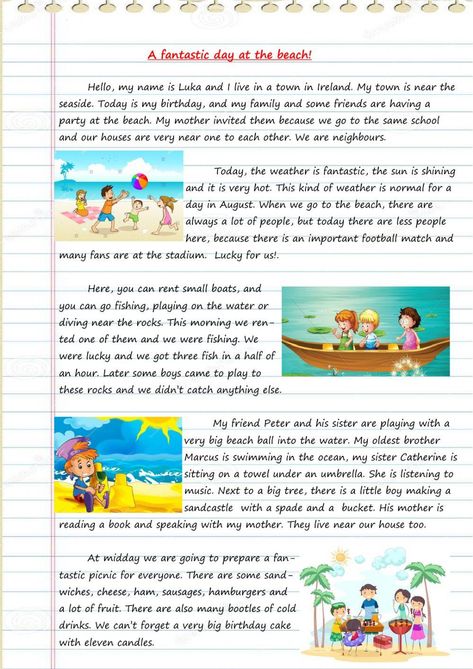 A fantastic day at the beach At The Beach Worksheet, Beach Worksheet, English Pictures, Teach English To Kids, Violet Evergreen, Teacher Cartoon, English Exercises, English Conversation, Practice Writing