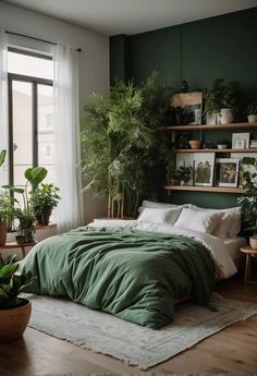 Cozy Small Bedrooms, Bedroom Ambiance, Green Walls, Small Bedroom Decor, Romantic Bedroom, Couple Bedroom, Bedroom Refresh, Green Rooms, Bedroom Green