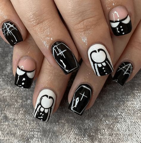 Adams Family Nails Art, Wednesday Themed Nails, Wednesday Nails Art, Addams Family Nail Design, Wednesday Nails Ideas, Wednesday Addams Nail Art, Adams Family Nails, Adams Nails, Enid’s Nails Wednesday