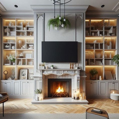 Smart Built-In Ideas for Small Living Rooms with a Fireplace — Michael Helwig Interiors Built In Bookshelf Around Fireplace, Fireplace Cupboards Built Ins, Electric Fireplace Built In Shelves, Custom Fireplace Built Ins, Arched Built Ins Fireplace, Library And Office Room, Fireplaces With Bookcases On Each Side, Floating Shelves Beside Fireplace, Built In Bookshelf Wall