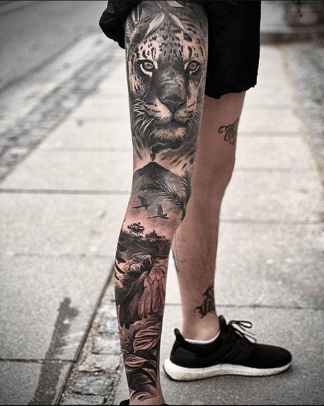 Tiger Tattoo Thigh Men, Tiger Leg Sleeve Tattoo Men, Tiger Leg Sleeve, Tiger Leg Sleeve Tattoo, Tiger On Calf Tattoo, Animal Thigh Tattoo, Thigh Tattoo Men, 90s Tattoos, Animal Sleeve Tattoo